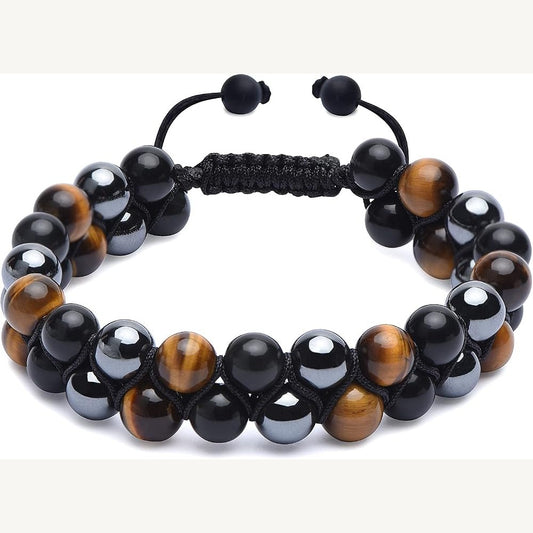Triple Protection Grounding Mala (Black Obsidian · Tiger Eye · Hematite) — Real White-Background Product Photography